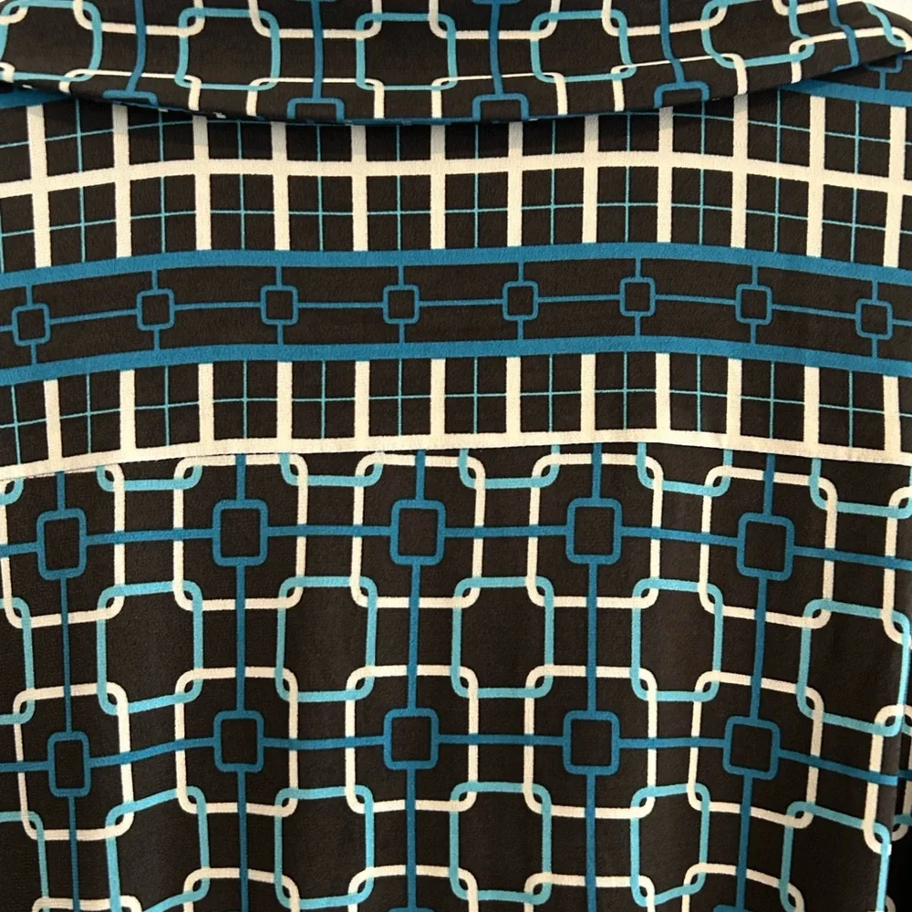 Talbots Wrap Dress Black Blue Geometric Print Size 12